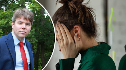 En närbild av Patrik Andersson och en genrebild av en kvinna i profil som håller händerna för ansiktet