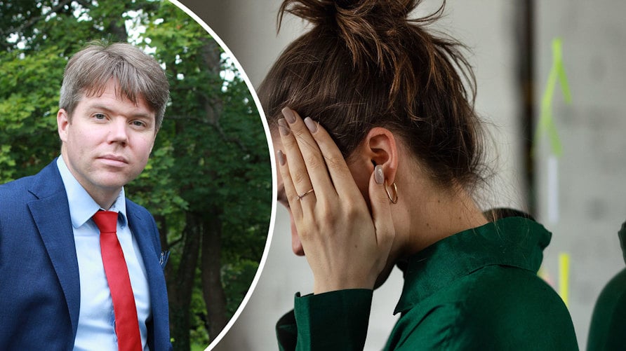 En närbild av Patrik Andersson och en genrebild av en kvinna i profil som håller händerna för ansiktet