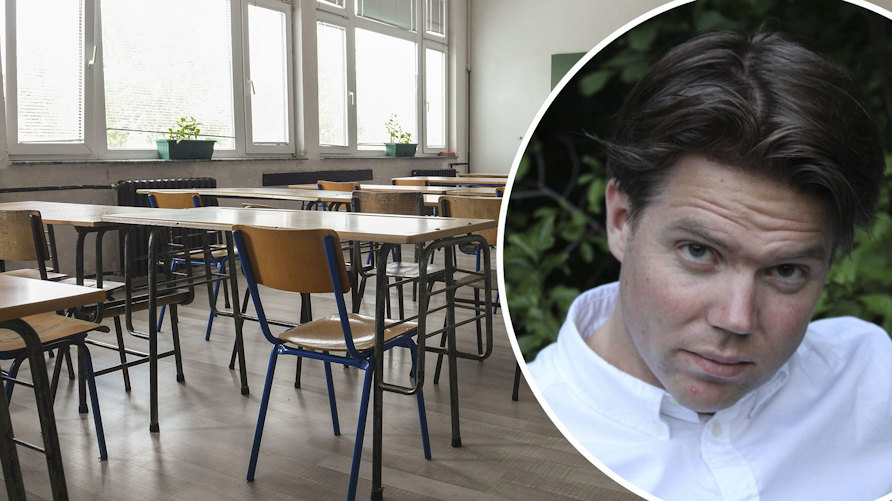 Läraren Patrik Andersson och ett klassrum.