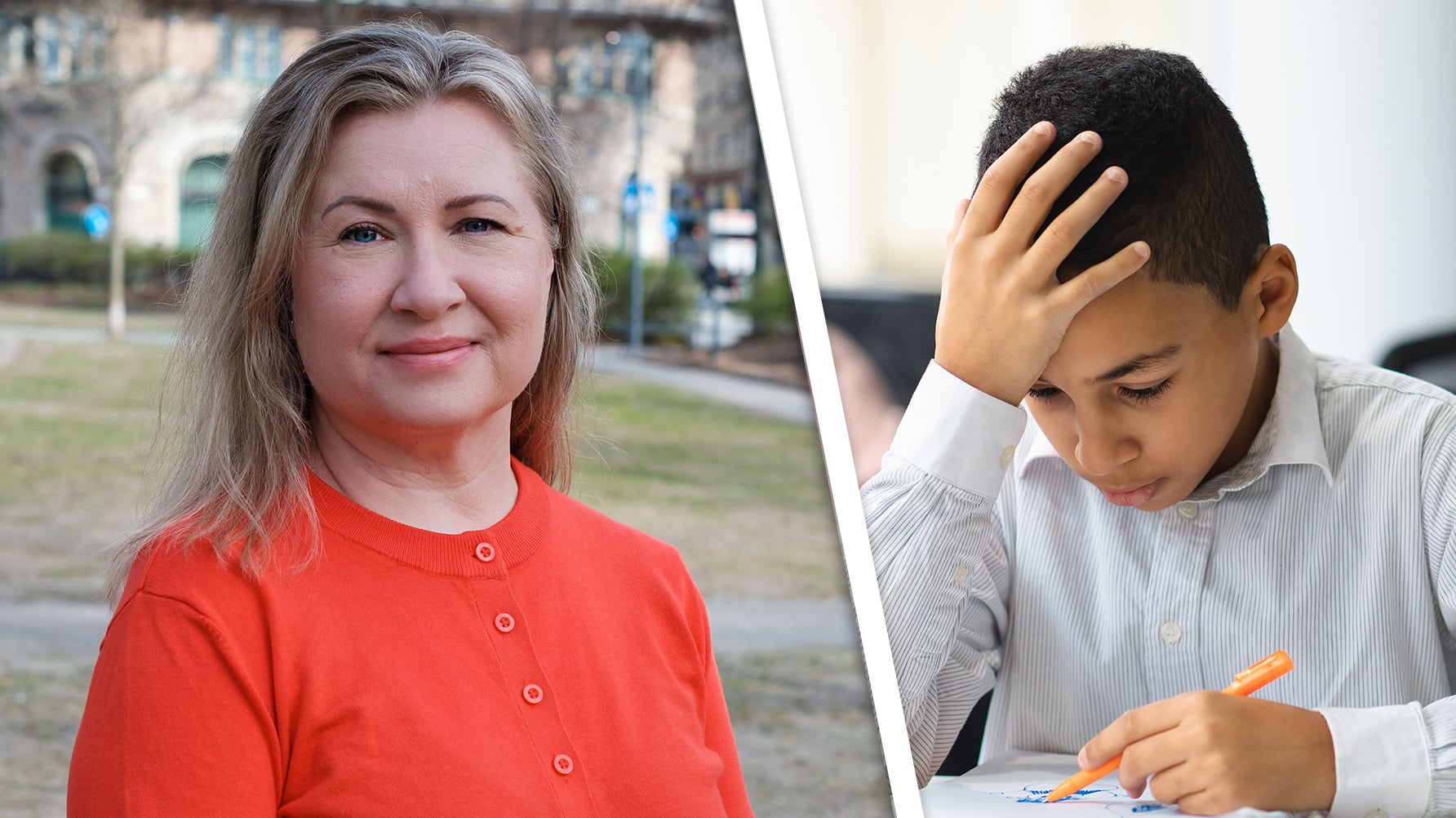 Ett porträtt av Cecilia Peña till vänster, ett snedstreck i mitten, till höger en genrebild av en pojke som koncentrerar sig, en bok framför sig på bänken, pennan i hand.