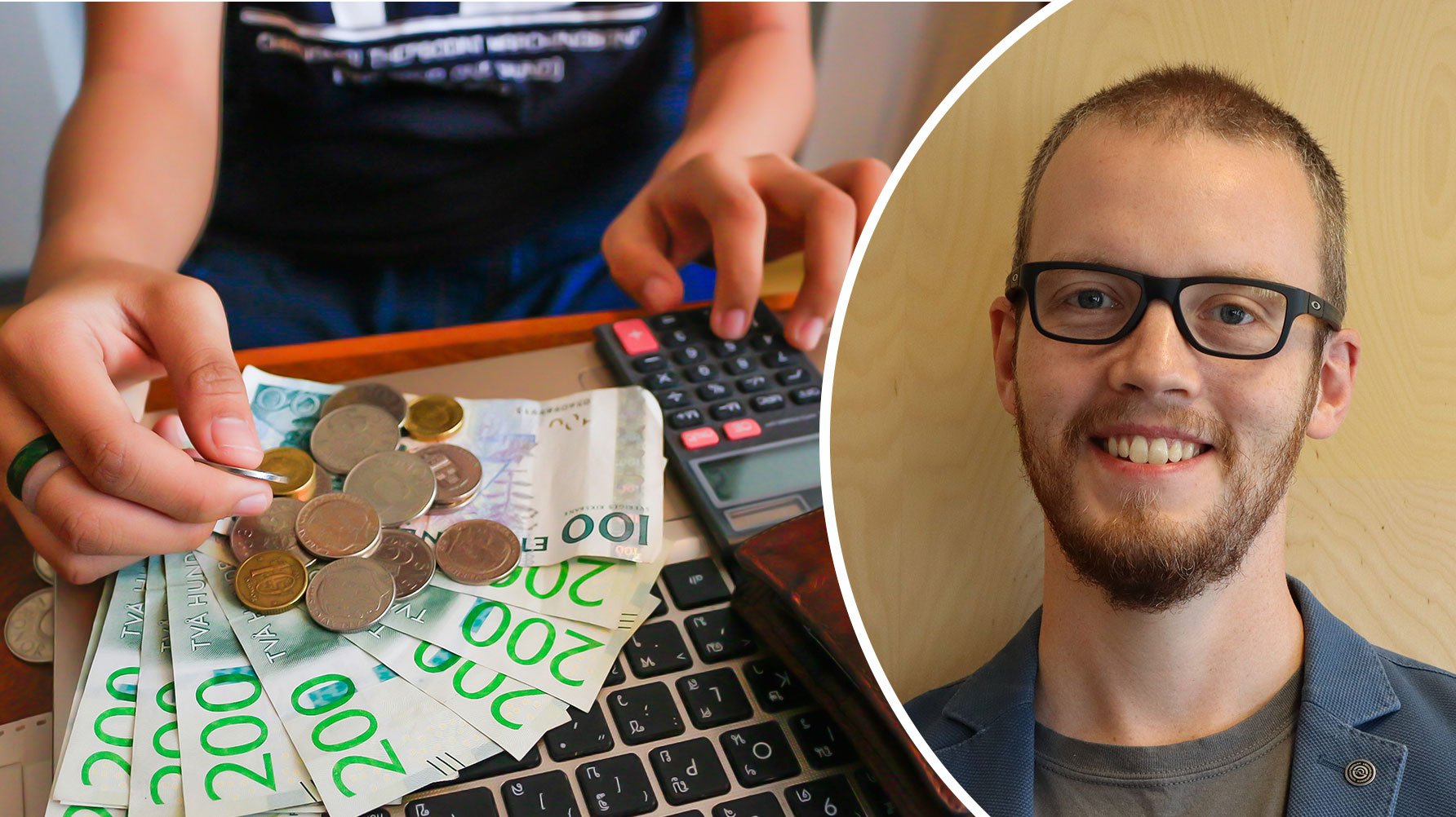 En genrebild av en person som räknar svenska sedlar och mynt, infällt till höger i bild ett porträtt av Nils Legge