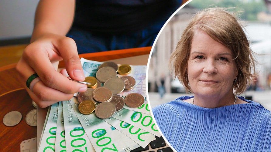 En genrebild av en hand som räknar svenska sedlar och mynt och ett porträtt av Pia Rizell
