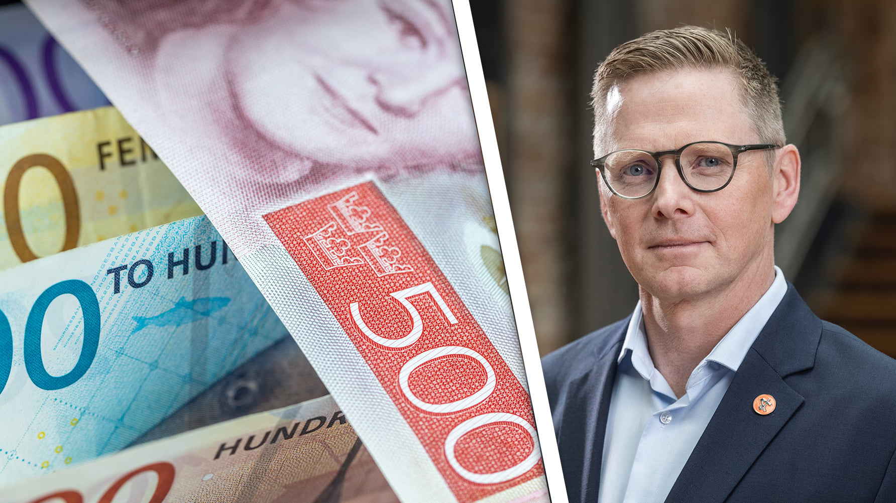 En genrebild på svenska sedlar och till höger ett porträtt av Andreas Mörck