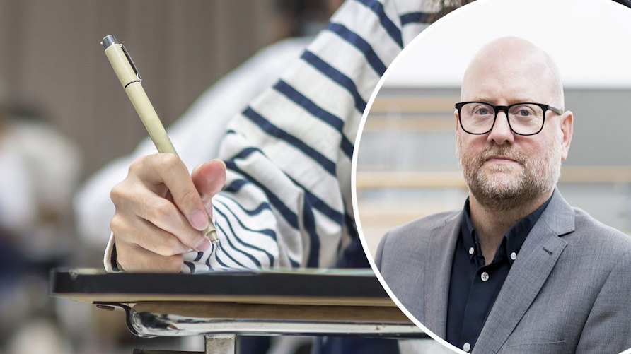 En genrebild av en hand som håller i en penna, över ett pappersark, och en närbild av Jonas Krantz