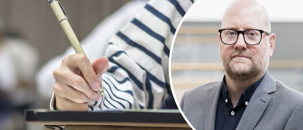 En genrebild av en hand som håller i en penna, över ett pappersark, och en närbild av Jonas Krantz