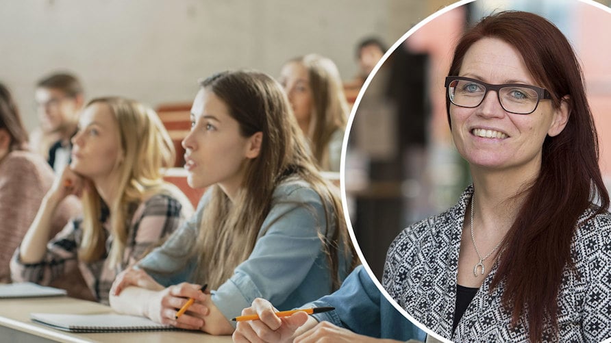 Petra Nilsson i närbild och studenter i en föreläsningssal