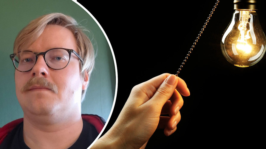Ett porträtt av Petter Birath och en genrebild av en hand som tänder en hängande glödlampa