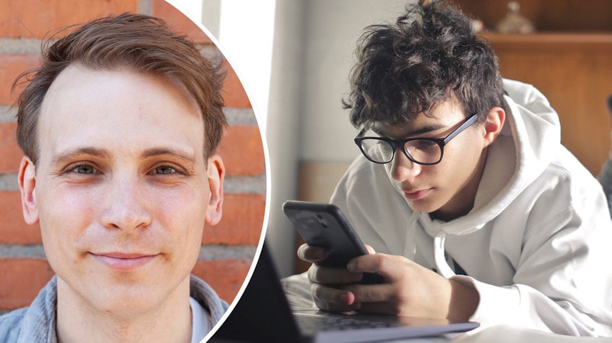 Ett porträtt av Petter Träff och en genrebild av en tonåring som tittar i sin mobil