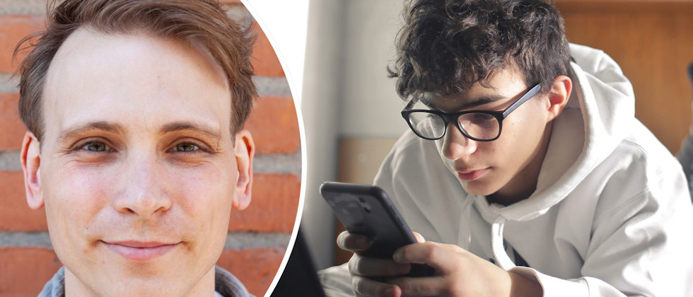 Ett porträtt av Petter Träff och en genrebild av en tonåring som tittar i sin mobil