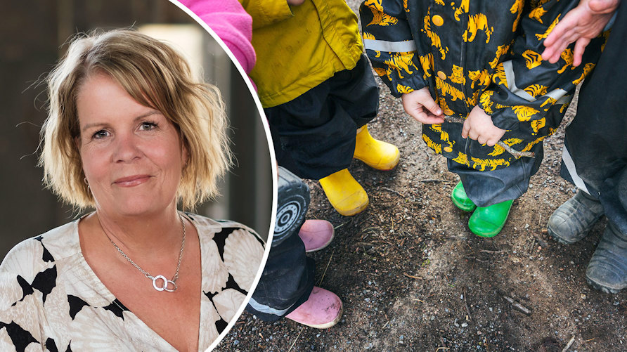 Porträtt av Pia Rizell och barn som leker i sandlådan