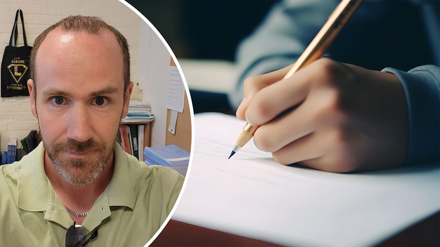 Läraren Pierre Mathissen och en bild på en hand som skriver på papper