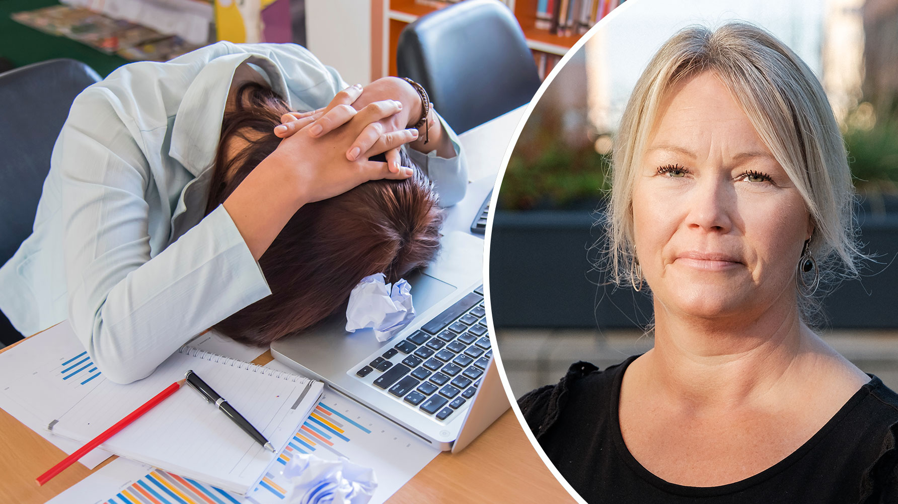 Ett porträtt av Anne Pihlo och en stressad person som fallit ihop över skrivbordet