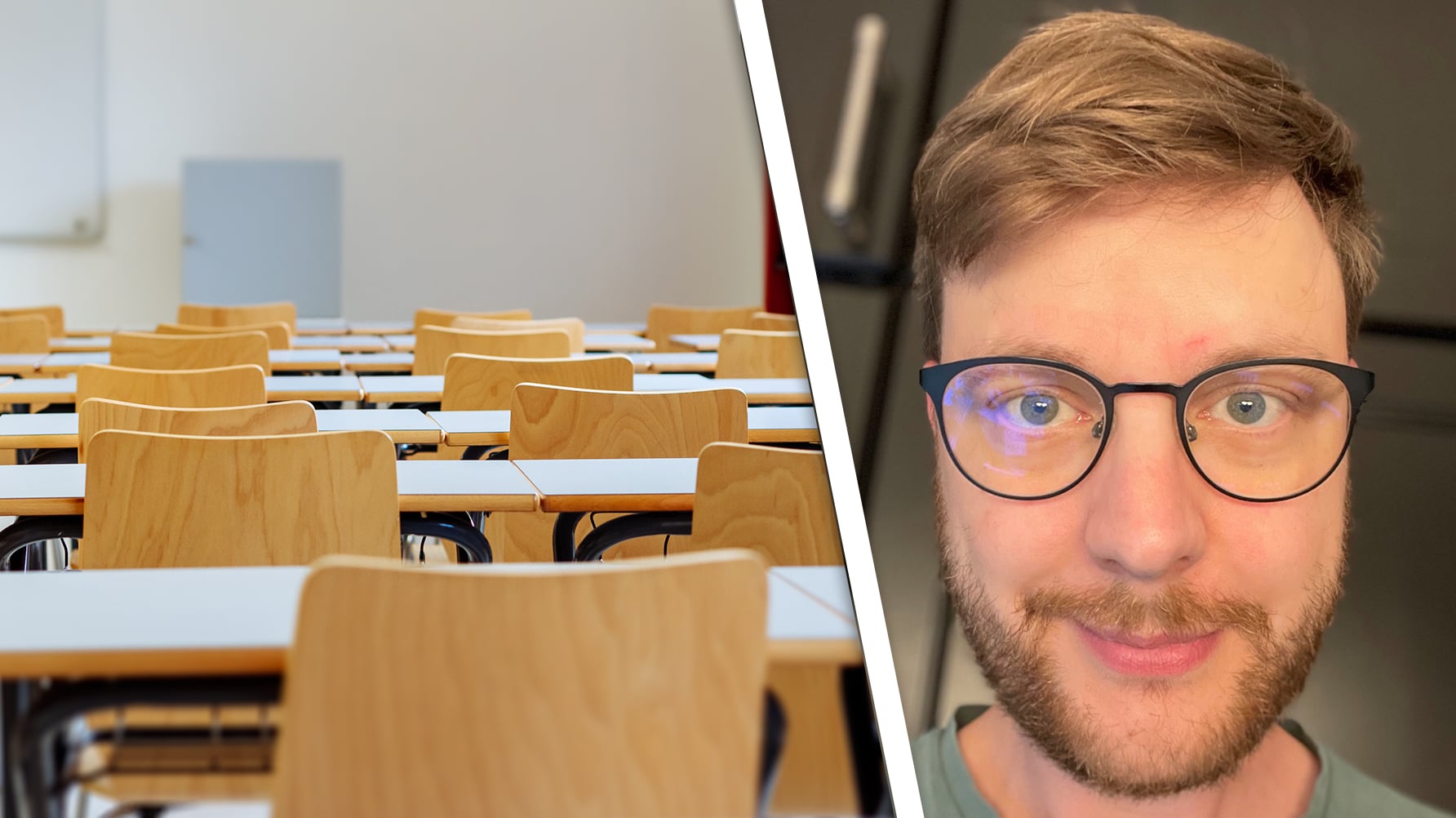 En bild som är delad av ett tjockt, vitt snedstreck: Till vänster en genrebild av ett tomt klassrum med bänkar och stolar i rader, till höger ett porträtt av Anders Ludwigsson