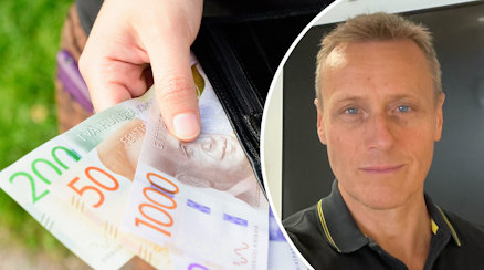 En bild på en plånbok med svenska sedlar och ett porträtt på Jonas Håkansson