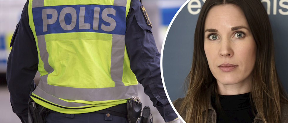 En genrebild av en person i polisuniform, fotograferad bakifrån, och ett porträtt av Josefin Bergström
