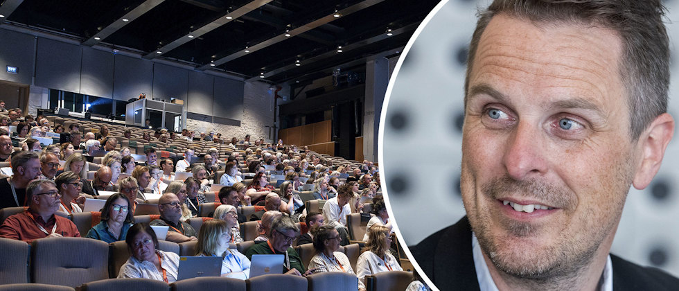 En bild av medlemmar i Sveriges Lärare i kongressalen och Pontus Bäckström, samhällspolitisk chef på Sveriges Lärare