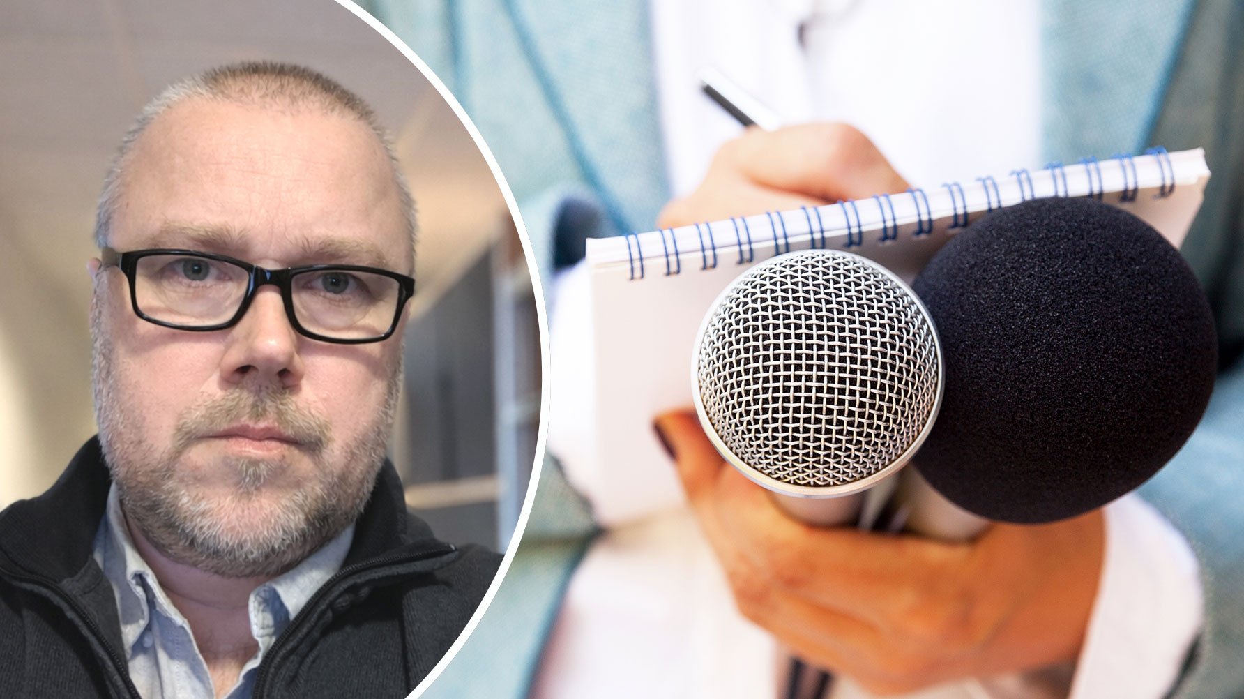 Ett runt porträtt av Pontus Larsson till vänster, och en genrebild av en person som håller två mikrofoner och antecknar samtidigt till höger