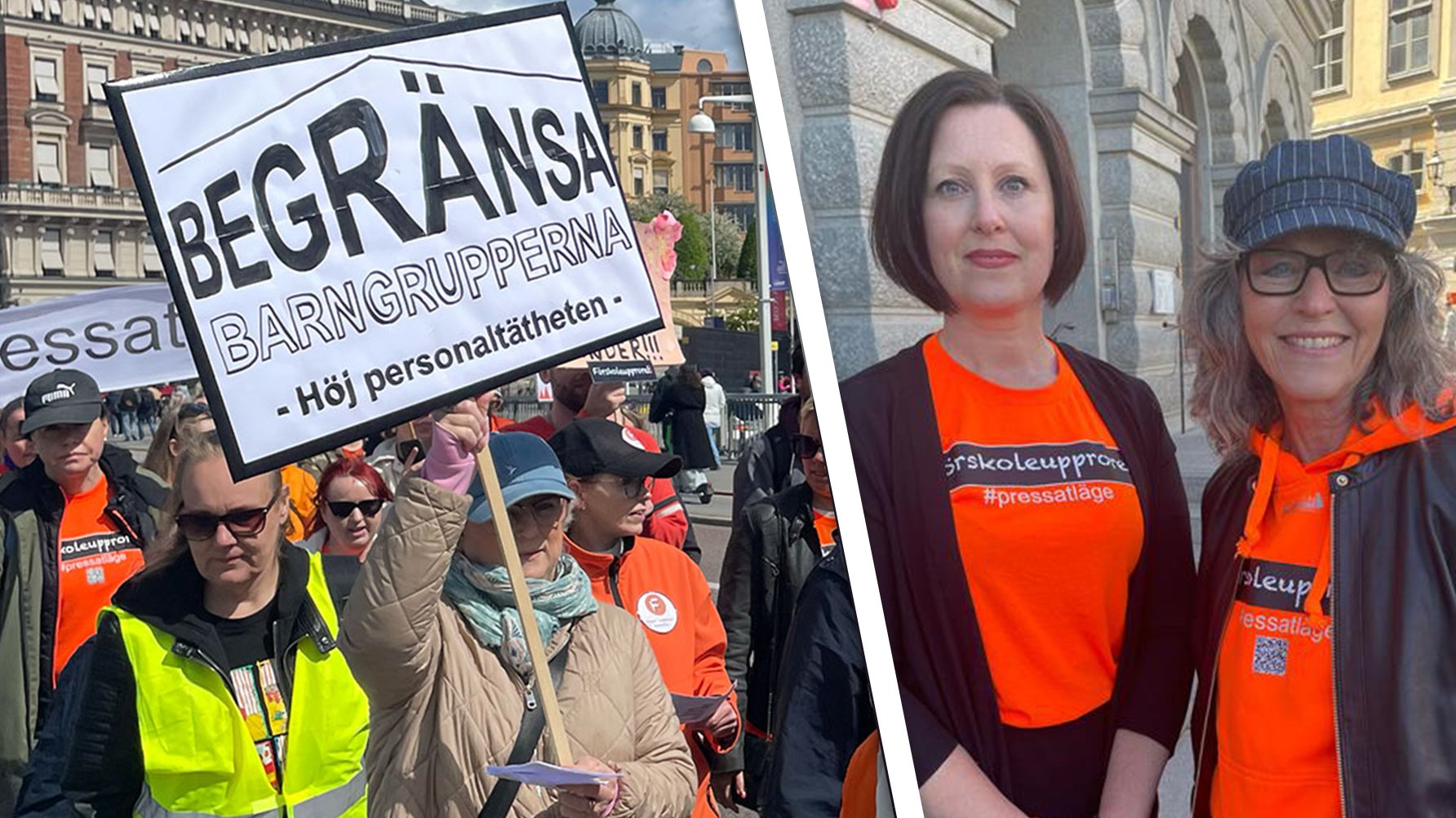 En bild från en tidigare demonstration för Förskoleupproret, och ett porträtt av Anki Jansson och Katrin Nörthen