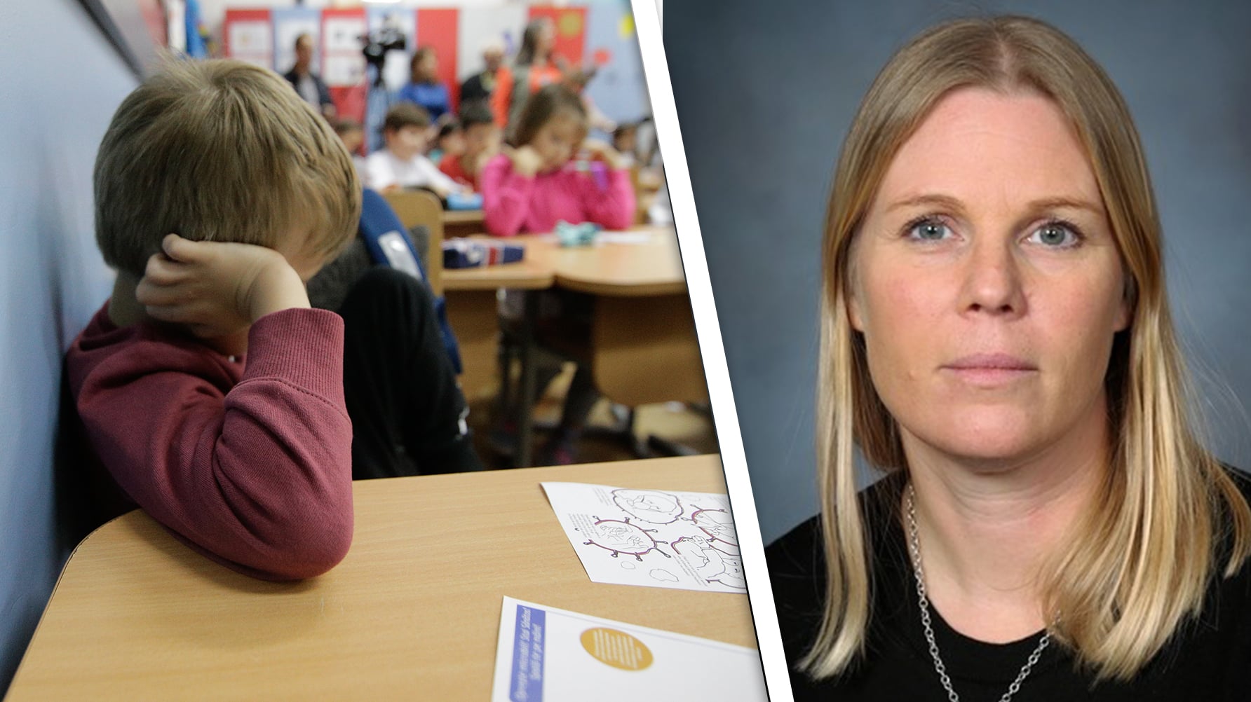 Till vänster en genrebild av en ensam pojke i hörnet av klassrummet, huvudet i handen, och till höger ett porträtt av Rebecca Dahlin