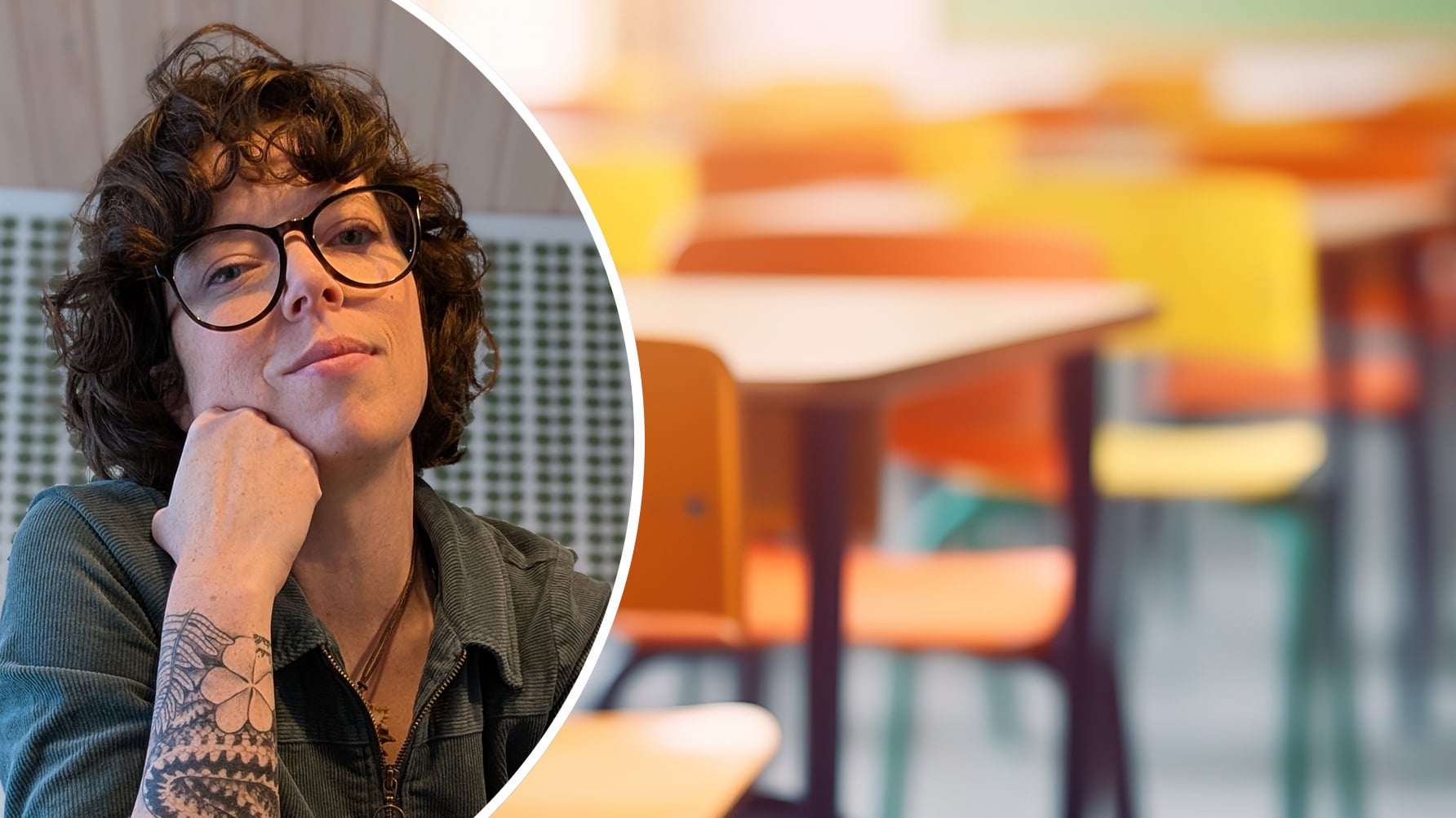 Ett porträtt av Maria Refors-Legge i rundad ram till vänster, och till höger en genrebild av bänkar i ett tomt klassrum, bild i oskärpa