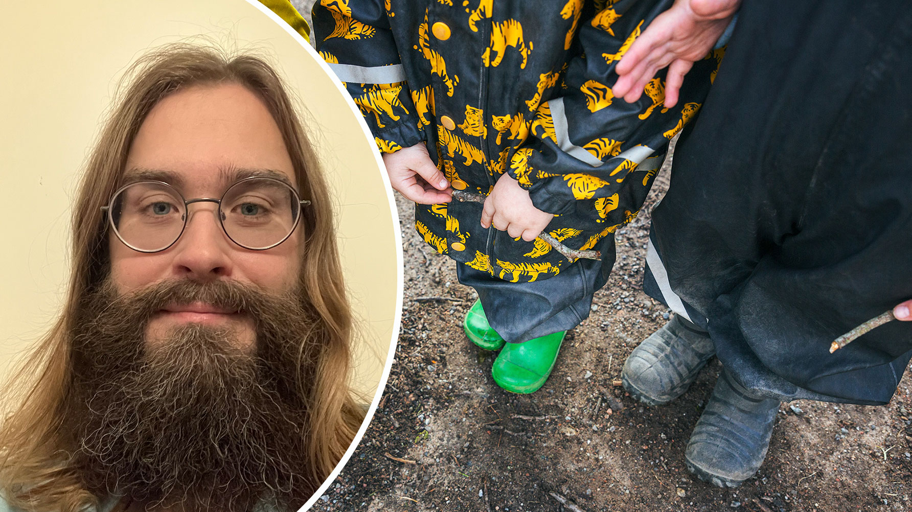 Ett porträtt av Rikard Nero och en genrebild från en grupp barn i förskoleåldern, man ser deras galonbyxklädda ben och gummistövlar