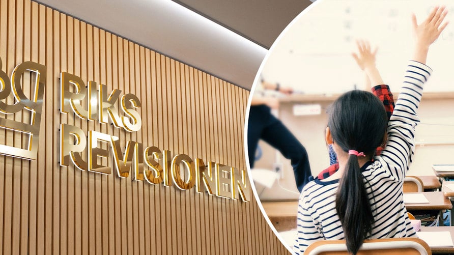 En bild på Riksrevisionens logotyp mot en vägg och en genrebild på en elev som räcker upp handen