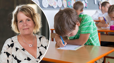 Pia Rizell och en närbild på en ung elev som koncentrerar sig djupt över en uppgift i skolan.