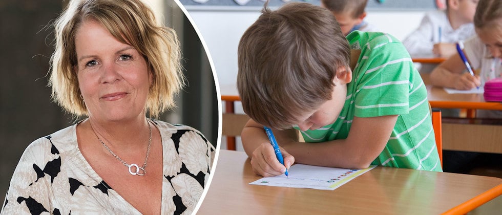 Pia Rizell och en närbild på en ung elev som koncentrerar sig djupt över en uppgift i skolan.