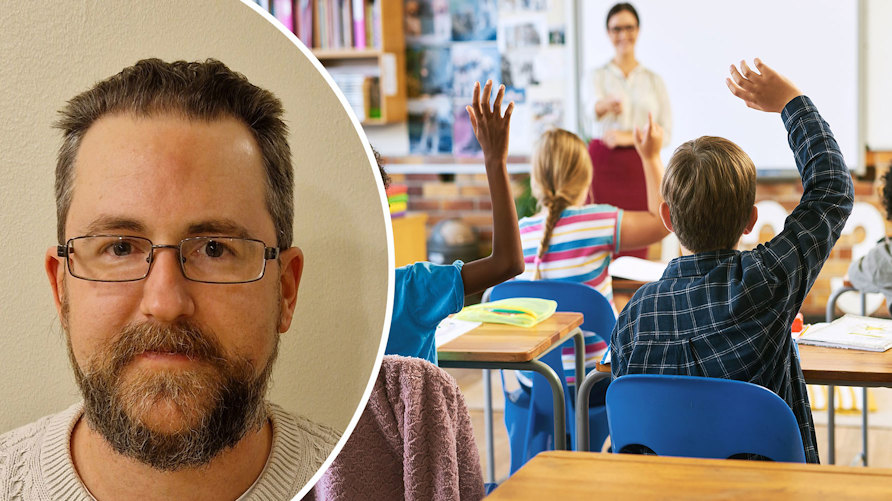 En porträttbild av Ryan Jurison och en genrebild av ett klassrum