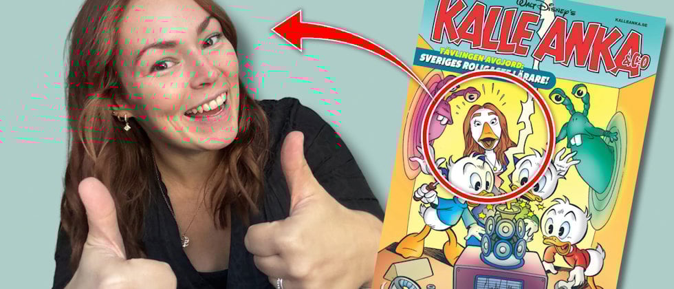 Sandra Hahre blev tecknad vikarie i Knatte, Fnatte och Tjattes klass i tidningen Kalle Anka.
