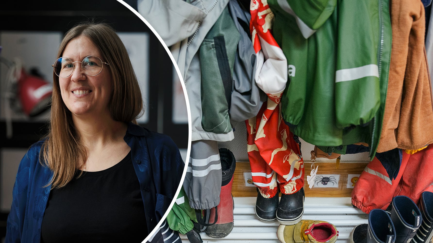Ett porträtt av Sara Agné och en bild av en förskolehall med galonisar på krokar