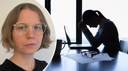 En närbild av Sara Forster och en kvinna i siluett som sitter och hänger med huvudet framför sin skärm