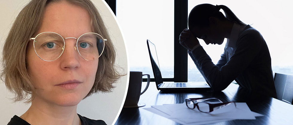 En närbild av Sara Forster och en kvinna i siluett som sitter och hänger med huvudet framför sin skärm