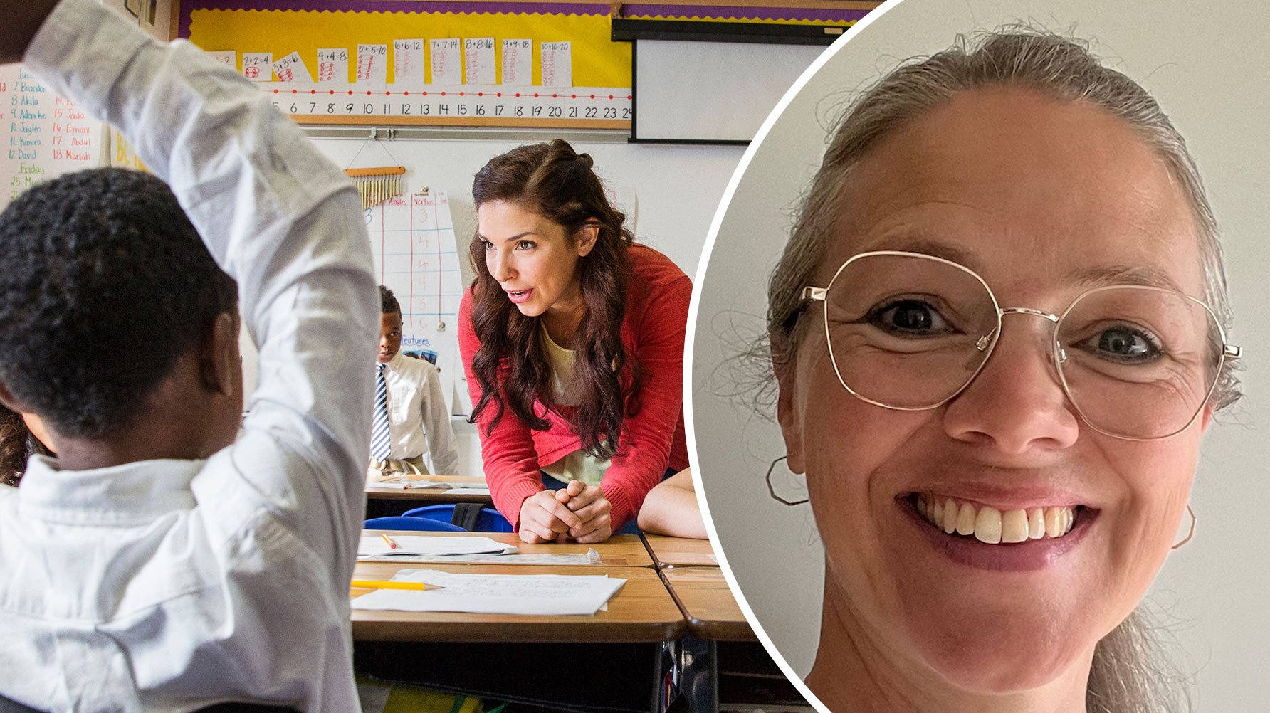 Ett foto av Sara K&#xF6;hler och en genrebild av en l&#xE4;rare som undervisar en grupp elever, hon st&#xE5;r fram&#xE5;tlutad och st&#xF6;der sig p&#xE5; en b&#xE4;nk och ser glad ut, en elev r&#xE4;cker upp handen