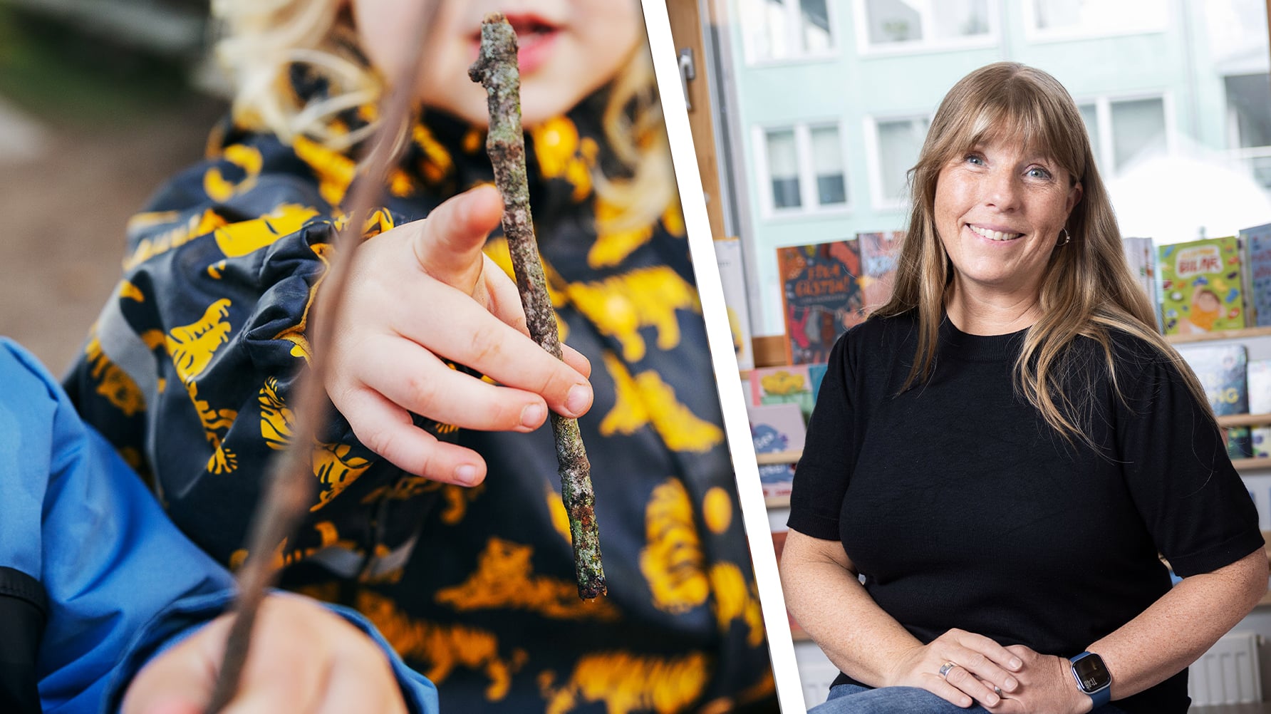 En genrebild av ett barn i färgglada ytterkläder, som håller i en pinne. Till höger ett porträtt av Sara Lindberg
