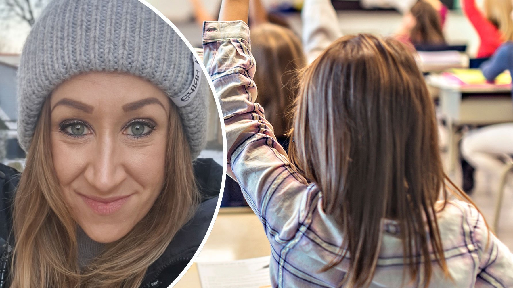 Ett porträtt av Sarah Cross och en genrebild från ett klassrum, en elev räcker upp handen