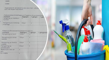 Ett städschema och en bild på en person som bär en hink med städmaterial