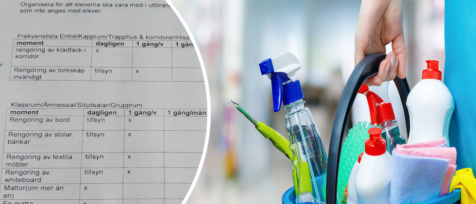 Ett städschema och en bild på en person som bär en hink med städmaterial