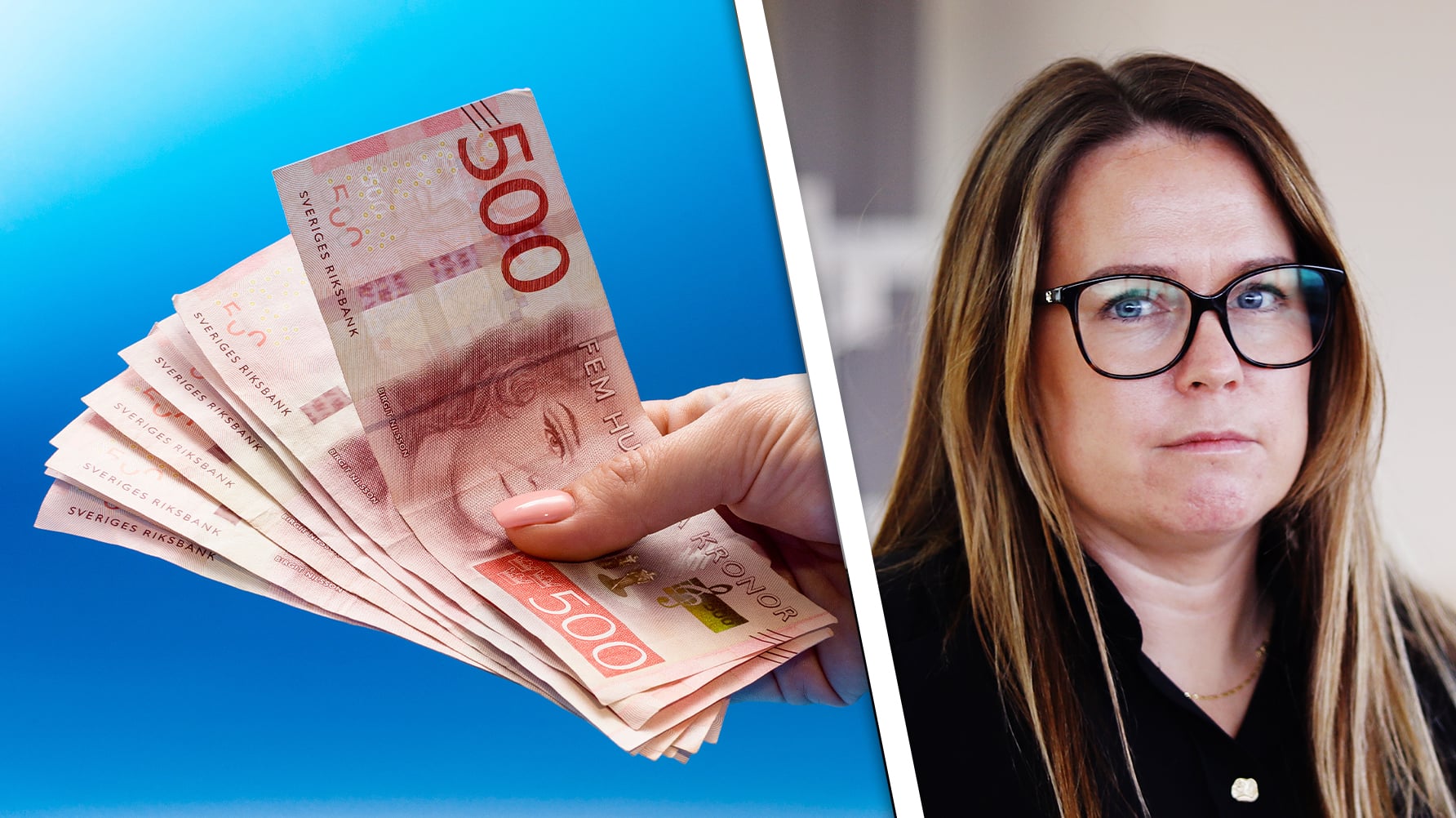 En genrebild av en hand som håller en bunt femhundrakronorssedlar, till höger ett porträtt av Emelie Värja.