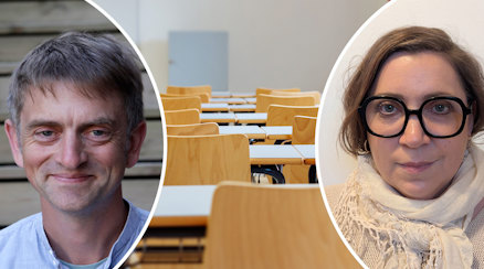 Simeon Oxley och Mia Smith i två närbilder, i mitten ett klassrum med tomma bänkar