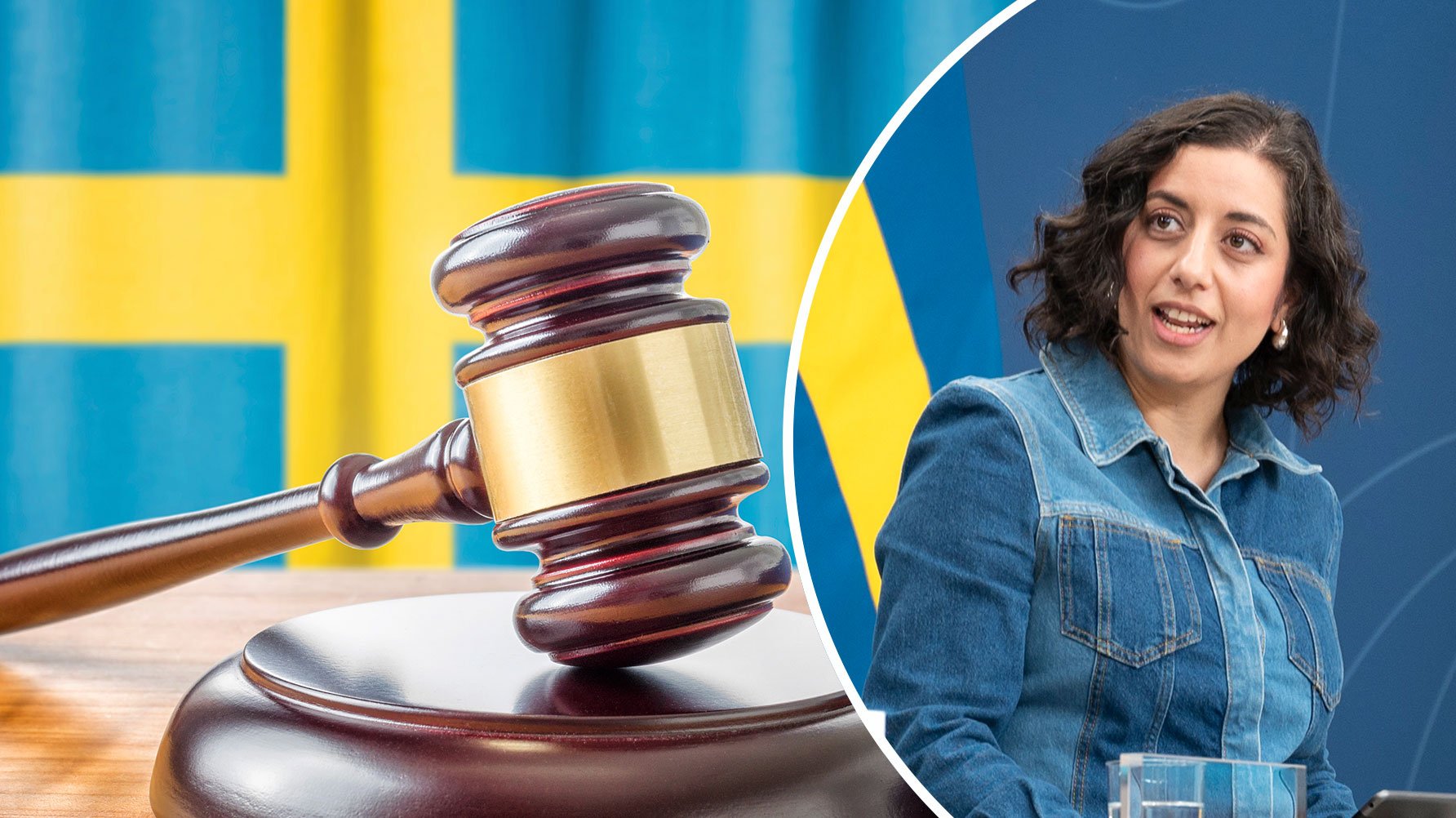 En bild av Simona Mohamsson och en genrebild av en domarklubba framför en svensk flagga