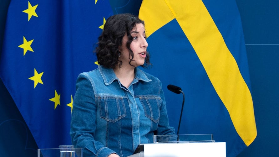 Ett foto av Simona Mohamsson talar i mikrofon framför EU:s flagga och den svenska flaggan vid en presskonferens
