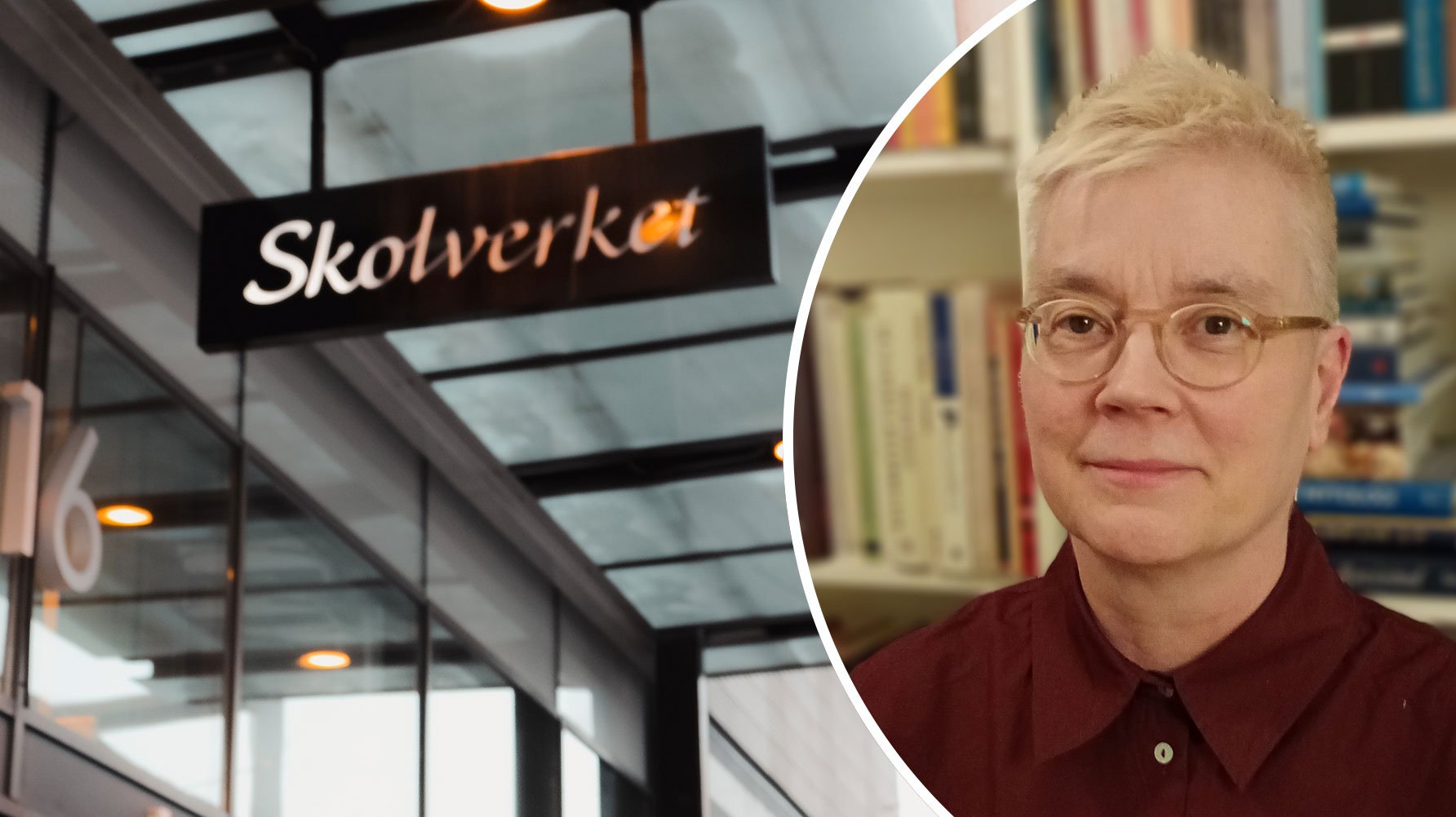 Ett porträtt av Ulrika Enkvist Wallmark och ett fotografi av Skolverkets skylt