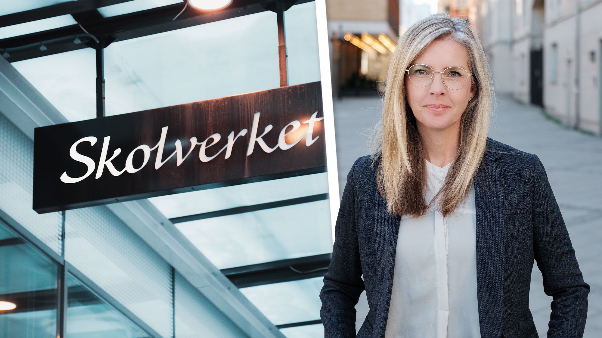 Ett foto av Skolverkets skylt över entrén till vänster och ett porträtt av Moa Andersson till höger.