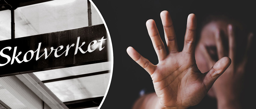 Skolverkets skylt med logotyp och en kvinna som sträcker ut handen i självförsvar