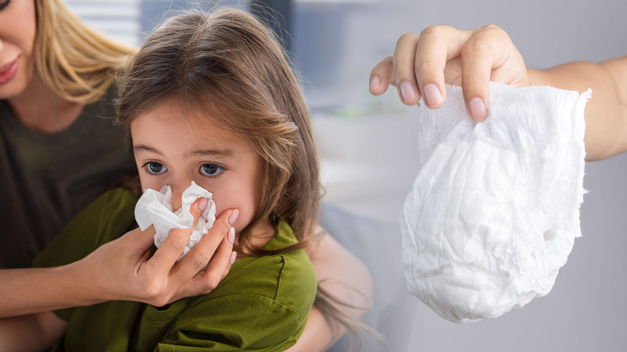 Ett bildmontage som föreställer ett barn som blir snutet och en en hand som håller en blöja