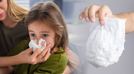 Ett bildmontage som föreställer ett barn som blir snutet och en en hand som håller en blöja