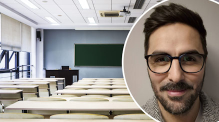 Närbild av Mathias Castejon och ett klassrum med tomma bänkar