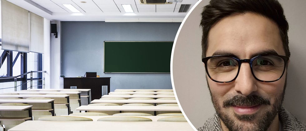 Närbild av Mathias Castejon och ett klassrum med tomma bänkar