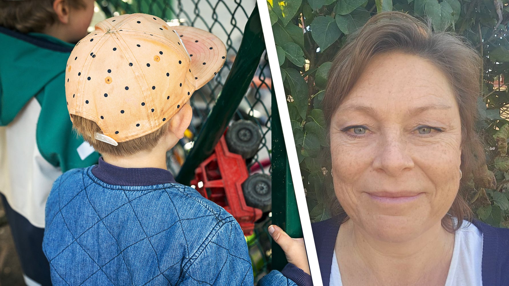 En genrebild av två barn i förskoleåldern som står och tittar över ett staket och till höger ett porträtt av Sofi Ekberg Jonasson